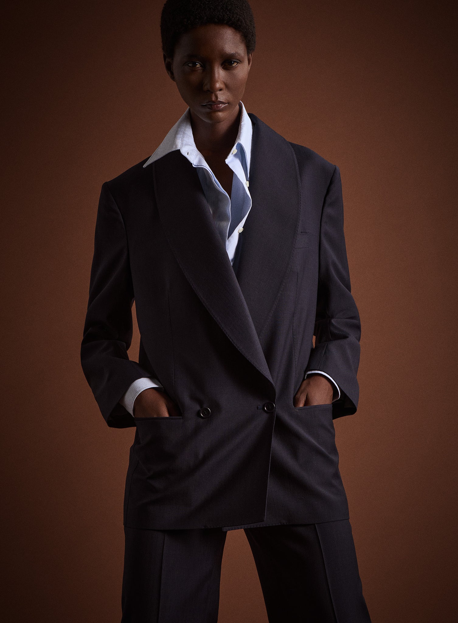 Wool Mohair Blazer in Navy Stripes with Bold Shawl Lapel – Giuliva