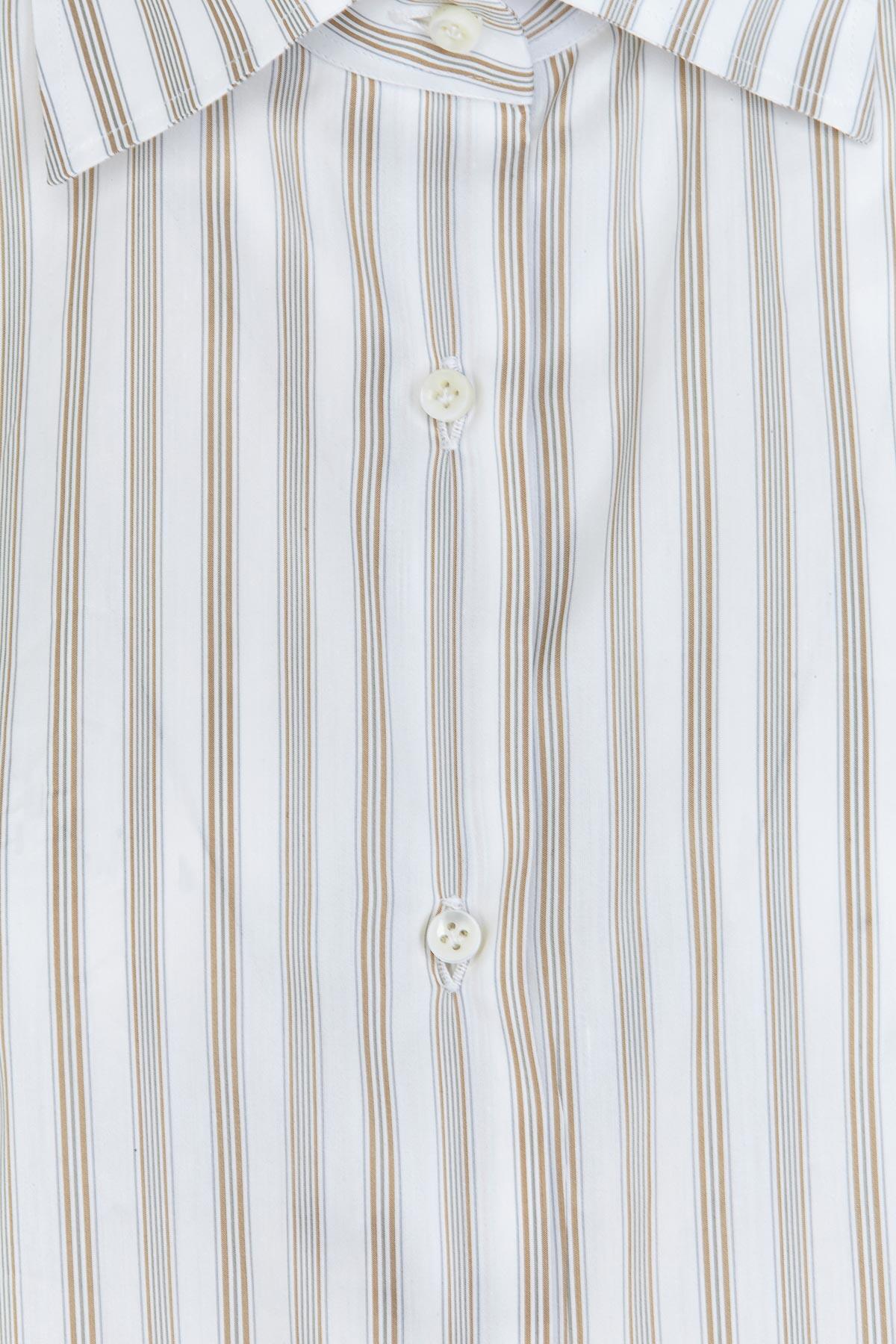 The Melissa Shirt Cotton and Silk White, Green & Mustard Stripes fabric detail
